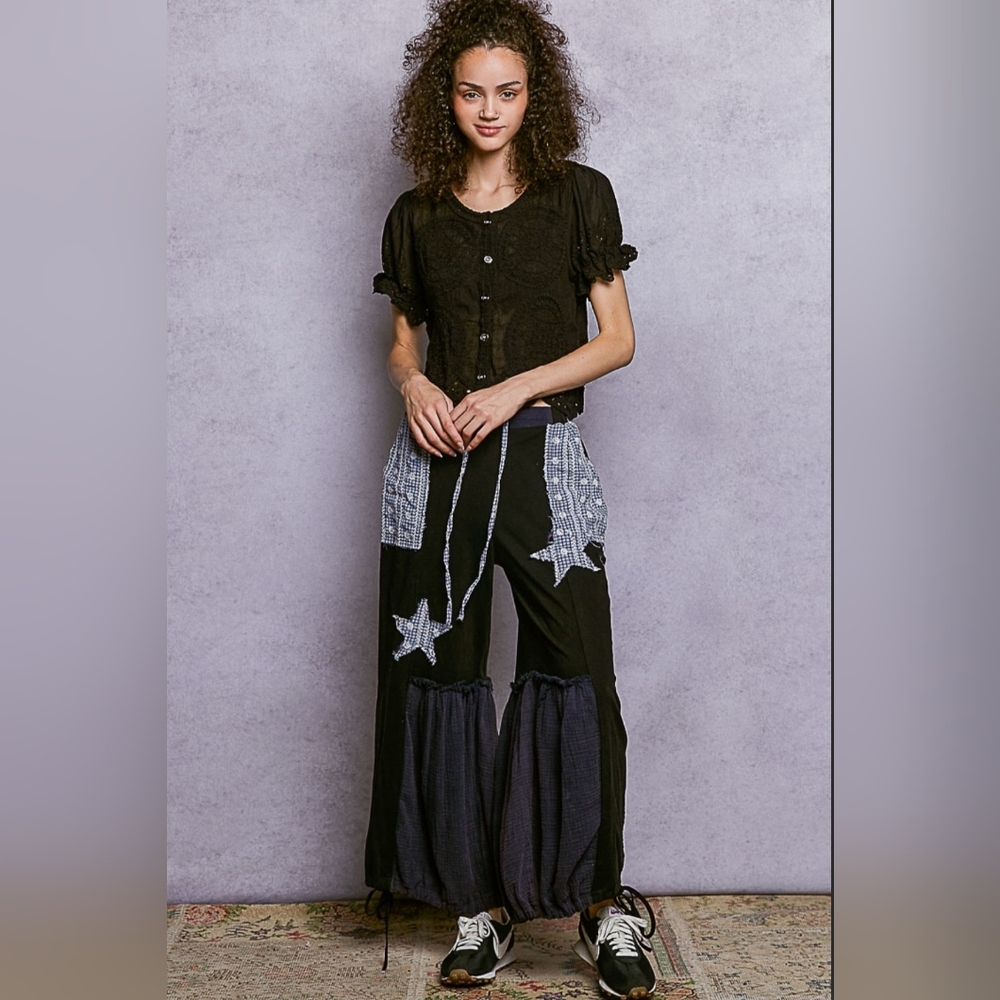 🐧#1194 POL Rebel Star Patchwork Boho Lounge Pants - Picture 5 of 6